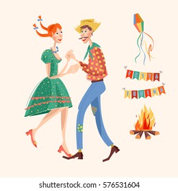 Brazilian holiday Festa Junina (the June party). Couple dancing traditional dance. Vector illustration.