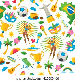 Símbolo brasileño sin fisuras ilustración vectorial fondo. Mapa bandera de fútbol bailarina de la playa copa jesus brail carnaval máscara de flor maracas diseño colorido.