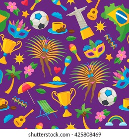 Brazilian icons symbols seamless pattern vector illustration background. Map flag football samba dancer beach cup jesus brazil flower carnival mask maracas colorful design.