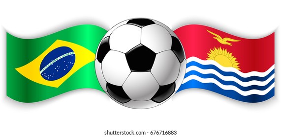 Brazilian and I-Kiribati wavy flags with football ball. Brazil combined with Kiribati isolated on white. Football match or international sport competition concept.