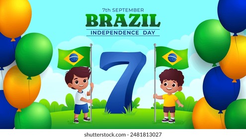 Brazilian Independence day background, two kids with waving flag in tropical nature with balloons flying Translation : order and progress