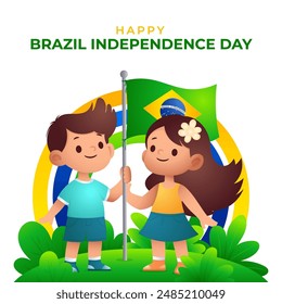 Brazilian Independence day cartoon sign, two kids with waving flag in tropical nature Translation : order and progress