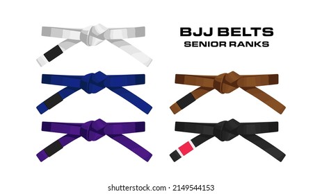 Brazilian Jiu Jitsu adult belts rank system. Vector illustration isolated on white. Bjj white blue purple brown and black belt. Template for logo posters and other.