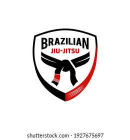 Brazilian jiu jitsu black and red belt logo icon vector illustration design, symbol. Mixed Martial arts academy or school isolated on white Background.