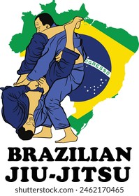 Combatientes brasileños del jiu jitsu luchan contra el fondo de la bandera brasileña.