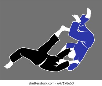 Brazilian jiu jitsu, judo, or karate martial arts fighters throwing one another. Gray background on separate layer for easy editing & removal.