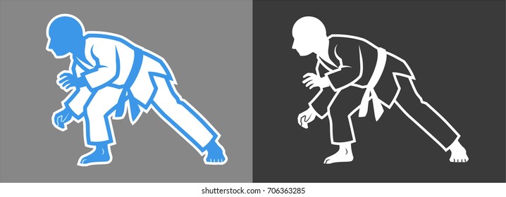 Brazilian Jiu Jitsu, Judo Or Karate Martial Arts Fighters In Grappling Stance. Gray Background On Separate Layer For Easy Editing & Removal. 