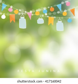 Brazilian june party. Festa junina. String of lights, jar lanterns. Summer birthday decoration. Garden party. Blurred vector background. Midsummer banner. 