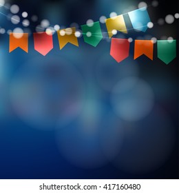 Festa brasileira de junho. Festa Junina. Cordas de luzes, bandeiras de festa. Decoração de festa de aniversário de verão. Noite festiva. Fundo desfocado. Ilustração vetorial de ações de férias.