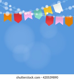 Brazilian june party. Festa junina. String of lights, party flags.  Summer party decoration. Festive  blurred background. Stock vector illustration.