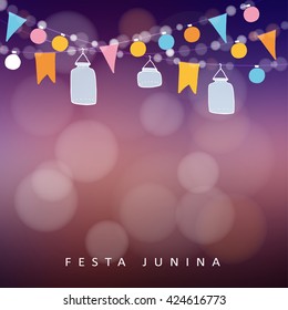 Brazilian june party,  festa junina. String of lights, jar lanterns. Party decoration. Birthday garden party. Sunset blurred vector background, banner.