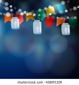 Brazilian june party. Festa junina. String of lights. Party flags. Jar lanterns. Summer garden party decoration. Midsummer invitation. Festive blurred background. Stock vector invitation. 