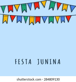 Brazilian june party, vector illustration background with garland of hand drawn flags