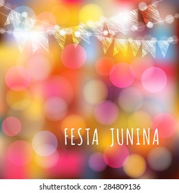 Brazilian june party, vector illustration background with garland of lights and flags