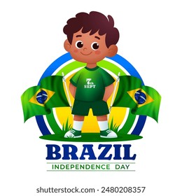 Brazilian kids with waving flag, celebrate brazil independence day  Translation: order and progress