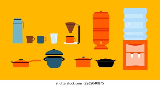 Brazilian kitchenware set. Coffee filter, cup, american glass, mug, clay filter, pan, pot, water filter. Isolated vector art.