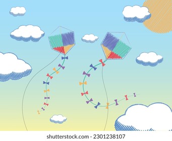 Brazilian kite in the sky handmade sketch draw of a child.eps