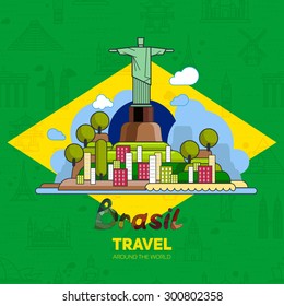 Brazilian landmarks, architecture, on the background of the flag. The theme of travel for you design.