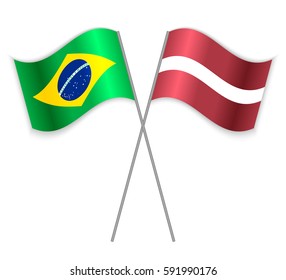 Brazilian and Latvian crossed flags. Brazil combined with Latvia isolated on white. Language learning, international business or travel concept.