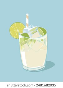 Brazilian Limeade or Lemonade Vector. Refreshing Creamy Drink with Lime Slices on Blue Background Illustration.