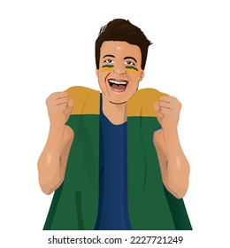 Brazilian man, latin american, cheering for brazil, in world cup 2022, Patriot, nationalist, Vibrating brazil flag, cheering, symbol of happiness, joy and celebration, with brazil flag.