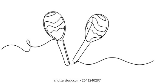 Brazilian maracas one line drawing, musical instrument. Continuous illustration. Vector outline sketch, One continuous line of maracas. Simple element illustration. Line art vector illustration