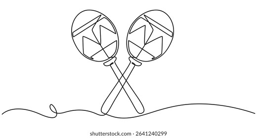 Brazilian maracas one line drawing, musical instrument. Continuous illustration. Vector outline sketch, One continuous line of maracas. Simple element illustration. Line art vector illustration