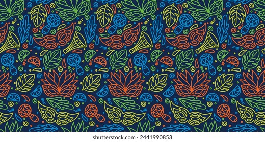 Brazilian motif, pattern of carnival objects. Repeating festive latin pattern.