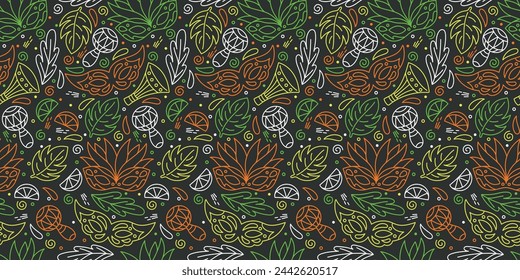 Brazilian motif, pattern of carnival objects. Repeating festive Brazilian pattern.