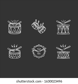 Brazilian music chalk white icons set on black background. Drums with drumsticks. Samba. Musical instrument. Brazilian carnival. Festive drum parade. Isolated vector chalkboard illustrations