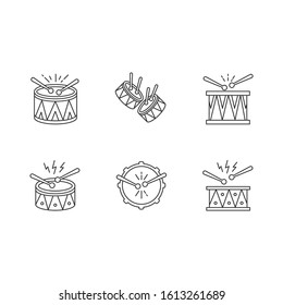 Brazilian music pixel perfect linear icons set. Drums with drumsticks. Samba. Festive drum parade. Customizable thin line contour symbols. Isolated vector outline illustrations. Editable stroke