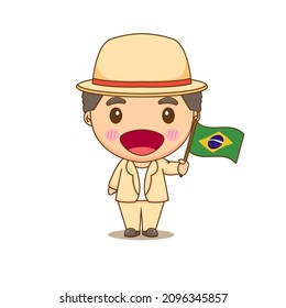 Brazilian in national dress with a flag. A boy in traditional costume. Chibi cartoon character
