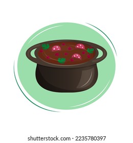 Brazilian national food - Feijoada with beans and sausages. Latin American Cuisine. Vector illustration. Cartoon.