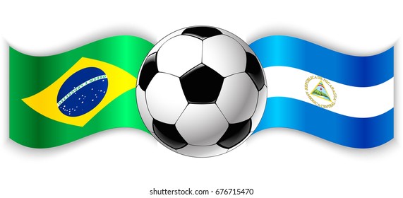 Brazilian and Nicaraguan wavy flags with football ball. Brazil combined with Nicaragua isolated on white. Football match or international sport competition concept.