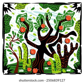 Brazilian northeast cordel illustration. Bright landscape with cacti and exotic blooming tree.