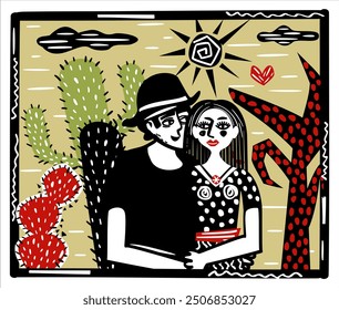 Brazilian northeast cordel illustration. Couple in love on nature backgroumd with cacti, clouds and sun.