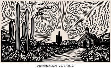 Brazilian northeast cordel illustration. Landscape with cacti, church and sun. Woodcut style. Black and white vector.