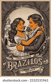 Ilustração de cordel do Nordeste brasileiro. Casamento. Casal abraçando. Ilustração vetorial em estilo woodcut. Brasis. Cordel inspirado. Nordeste.