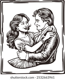 Ilustração de cordel do Nordeste brasileiro. Casamento. Casal abraçando. Ilustração vetorial em estilo woodcut.