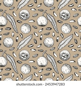 Brazilian Nut seamless background. Hand drawn sketch repeating pattern with engraved nuts, leaf, flower, fruit, branch. Organic product, food, oil. Design for card, print, paper, textile, packaging