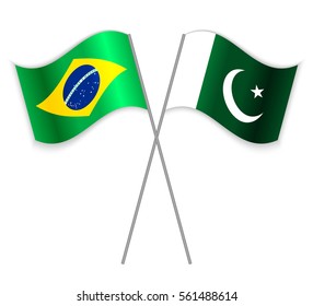Brazilian and Pakistani crossed flags. Brazil combined with Pakistan isolated on white. Language learning, international business or travel concept.
