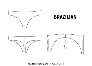 Bragas brasileñas para mujeres. Patrón vectorial de ropa interior para sastre. Ilustración y esbozo de diseño técnico.