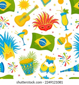 Brazilian Party and Carnival Seamless Pattern Design with Bright Symbols Vector Template