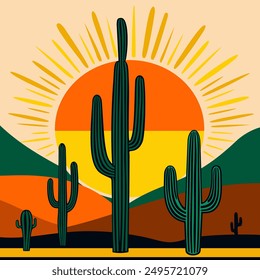 Sertão brasileño, paisaje pintoresco con cactus, montañas y sol abrasador. Ilustración vectorial colorida.