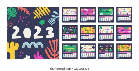 Brazilian or Portuguese calendar for 2023. Week starts on Sunday, 12 months. Cute multicolor vector calendar with flora drawings.