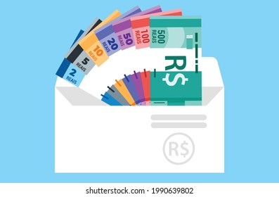 Brazilian Real Banknotes in various value money in envelope  vector icon logo and design. Salary, royalty, revenue, payment and finance element. Can be used for web, mobile, infographic and print. svg