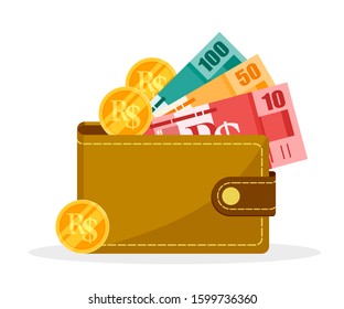 Brazilian Real BRL Money and Coin in a wallet vector illustration flat design. Brazil Payment and finance element.  Can be used for web and mobile, infographic and print.