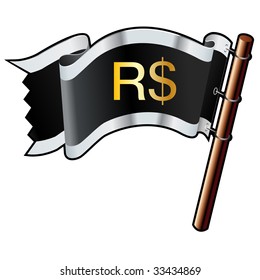 Brazilian Real currency symbol on black, silver, and gold vector flag good for use on websites, in print, or on promotional materials