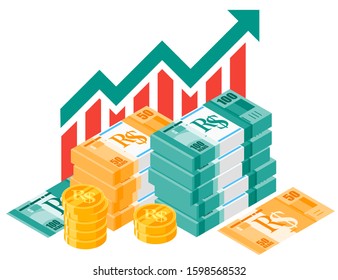 Brazilian Real Exchange Rate Stock Market Value Price Increase up vector icon isometric design. Brazil currency business, finance, and economy element. Can be used for web, mobile, infographic & print