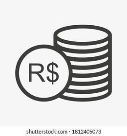 Brazilian real icon. Money outline vector illustration. Pile of coins icon isolated on white background. Stacked cash. Currency symbol of Brazil.